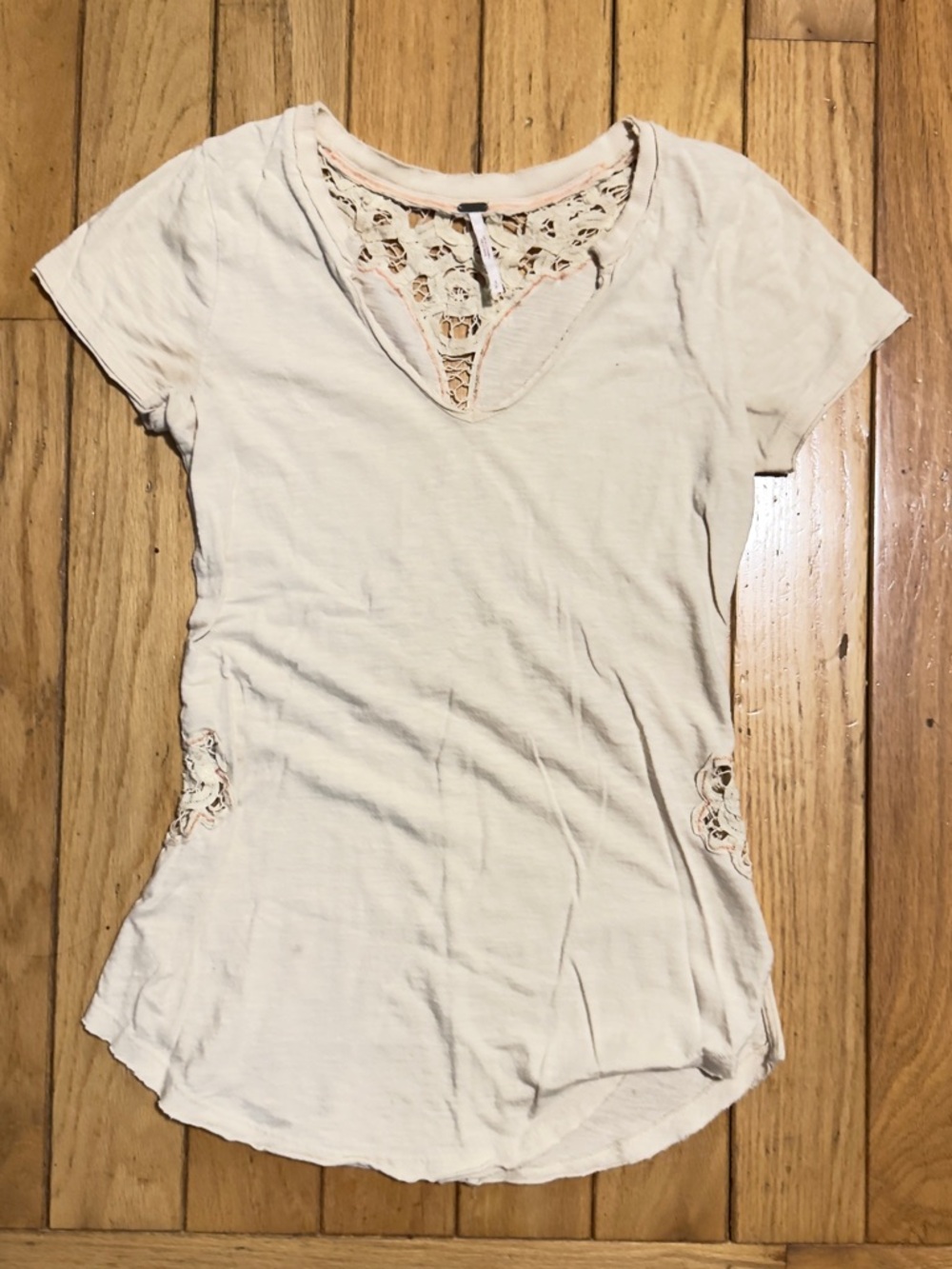Free People Cream Lace-Inset Short Sleeve Tee